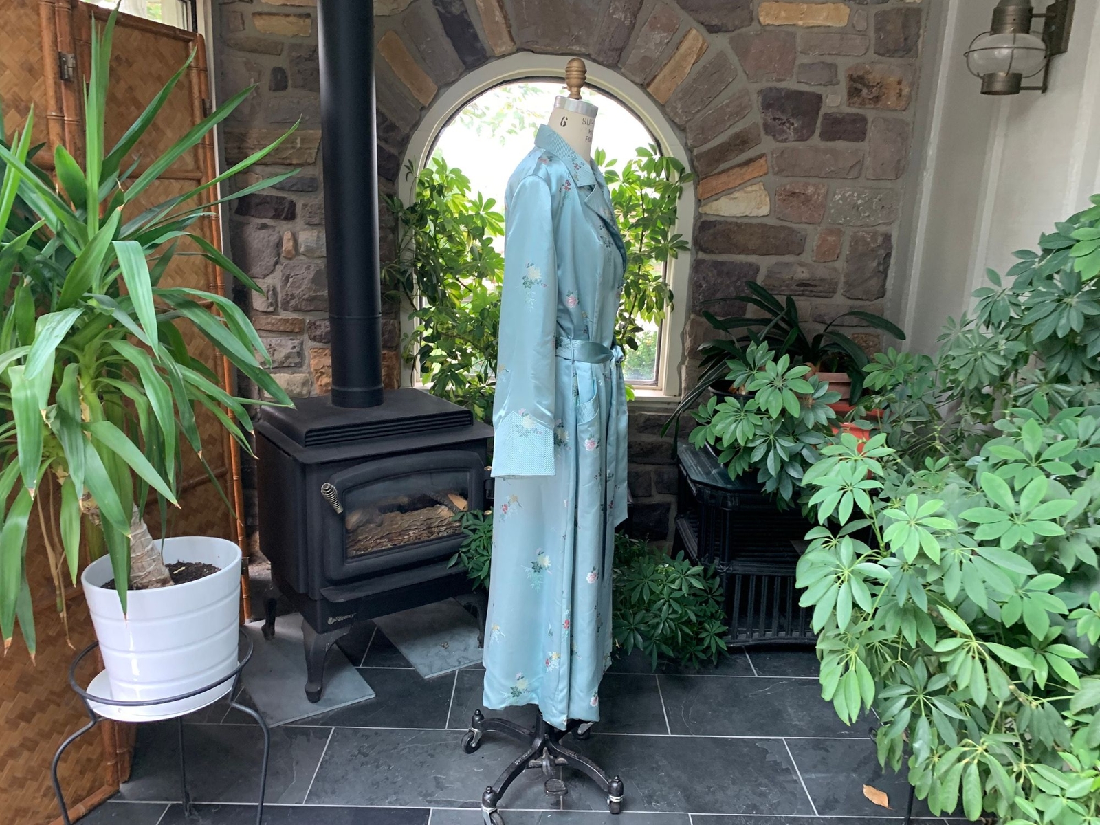 Vintage Light Blue Embossed Floral Rayon Satin Asian Wrap Peony Brand Robe