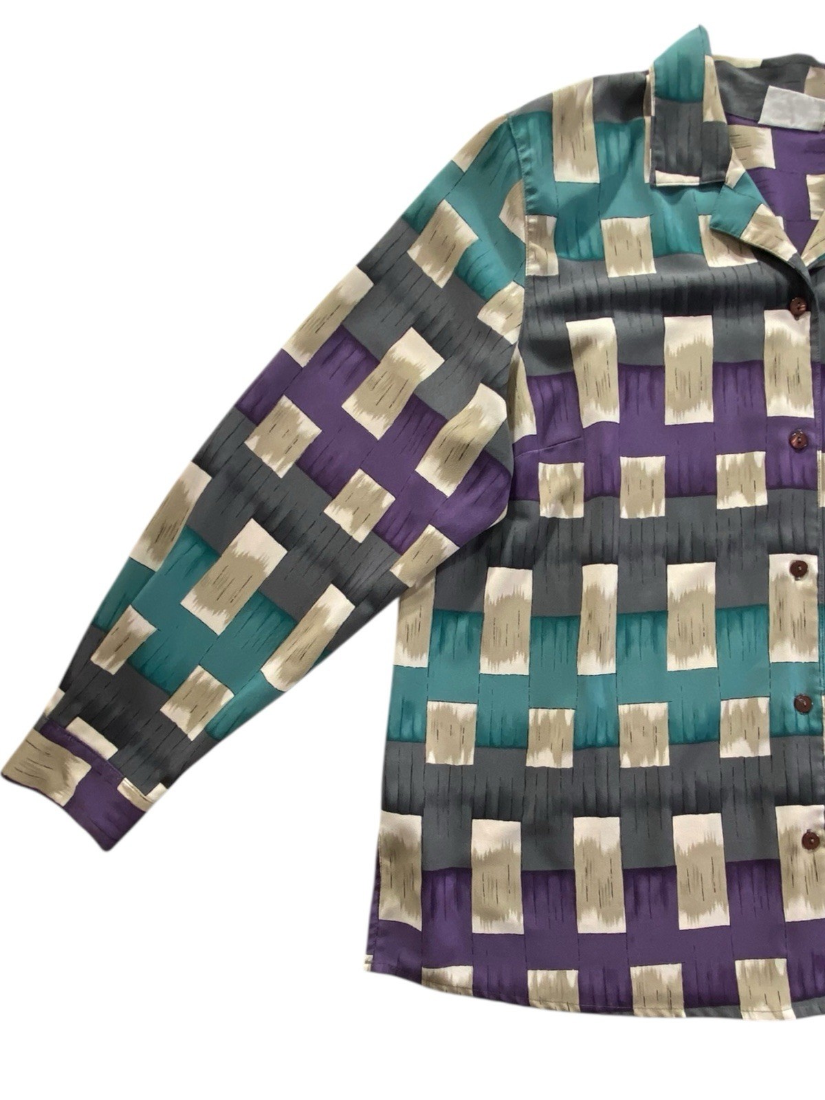 Alfred Dunner Women 18W Geometric Button Up Blouse Purple Teal Beige