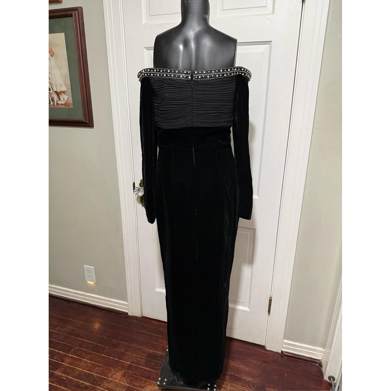 Vintage Off The Shoulder Black Beaded Velvet Long Dress 80s 90s Long Sleeve