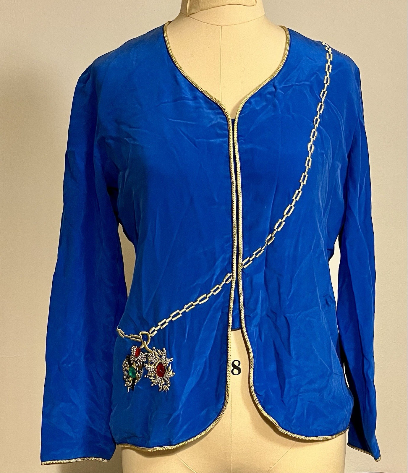 Vintage ADRIANNAD PAPÉLL Royal Blue Silk Beaded Jacket Top Size 8 Women