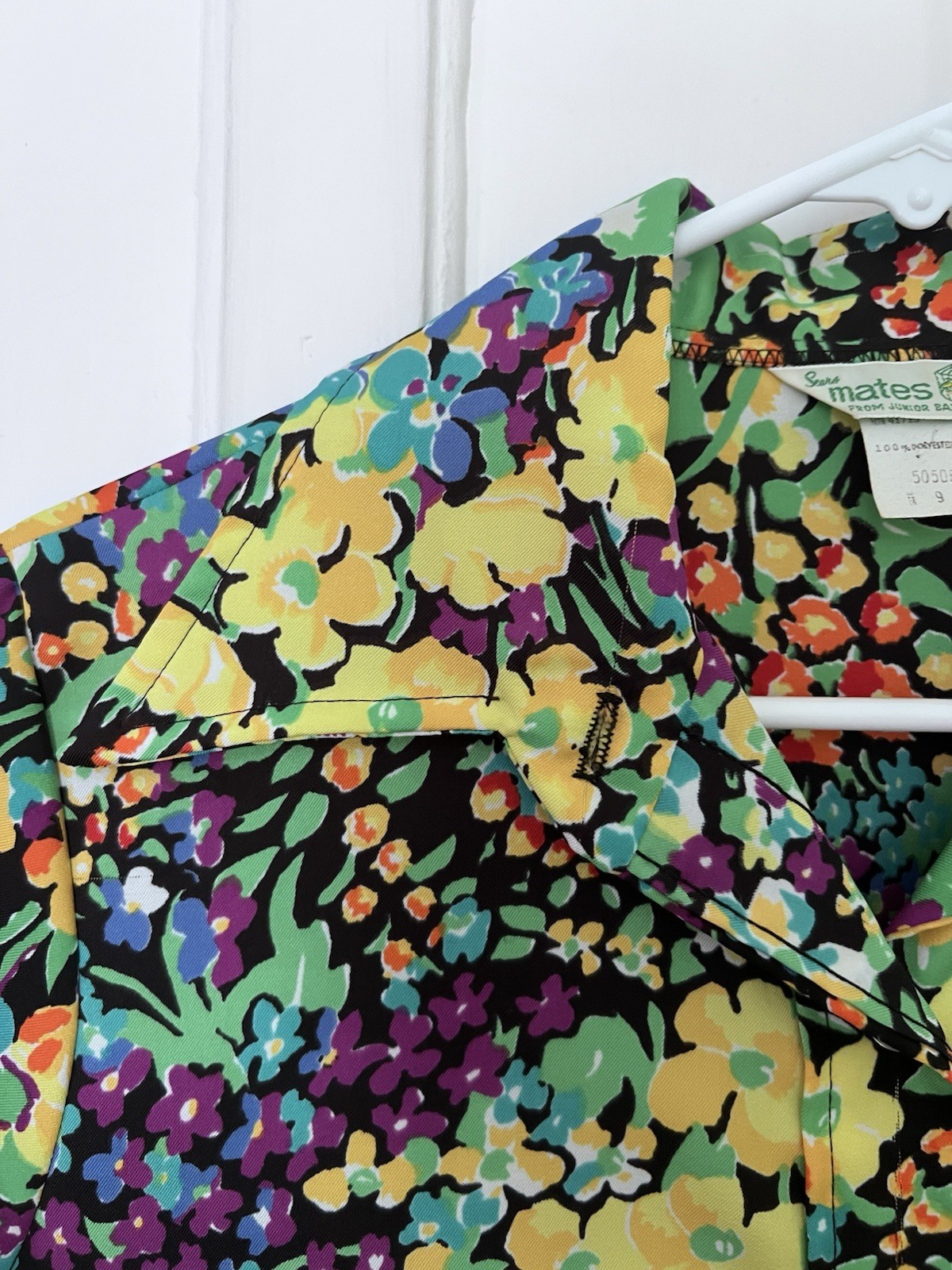 Vintage 70s Sears Jr Bazaar Polyester Floral Long Sleeve Button Up Shirt Size 9