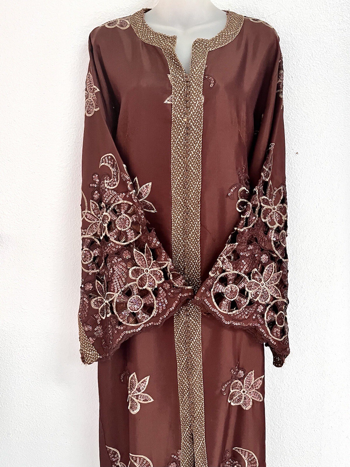 VINTAGE*MOROCCAN LONG BRONZE /SEQUIN djellaba*CAFTAN GOWN DRESS~M/L