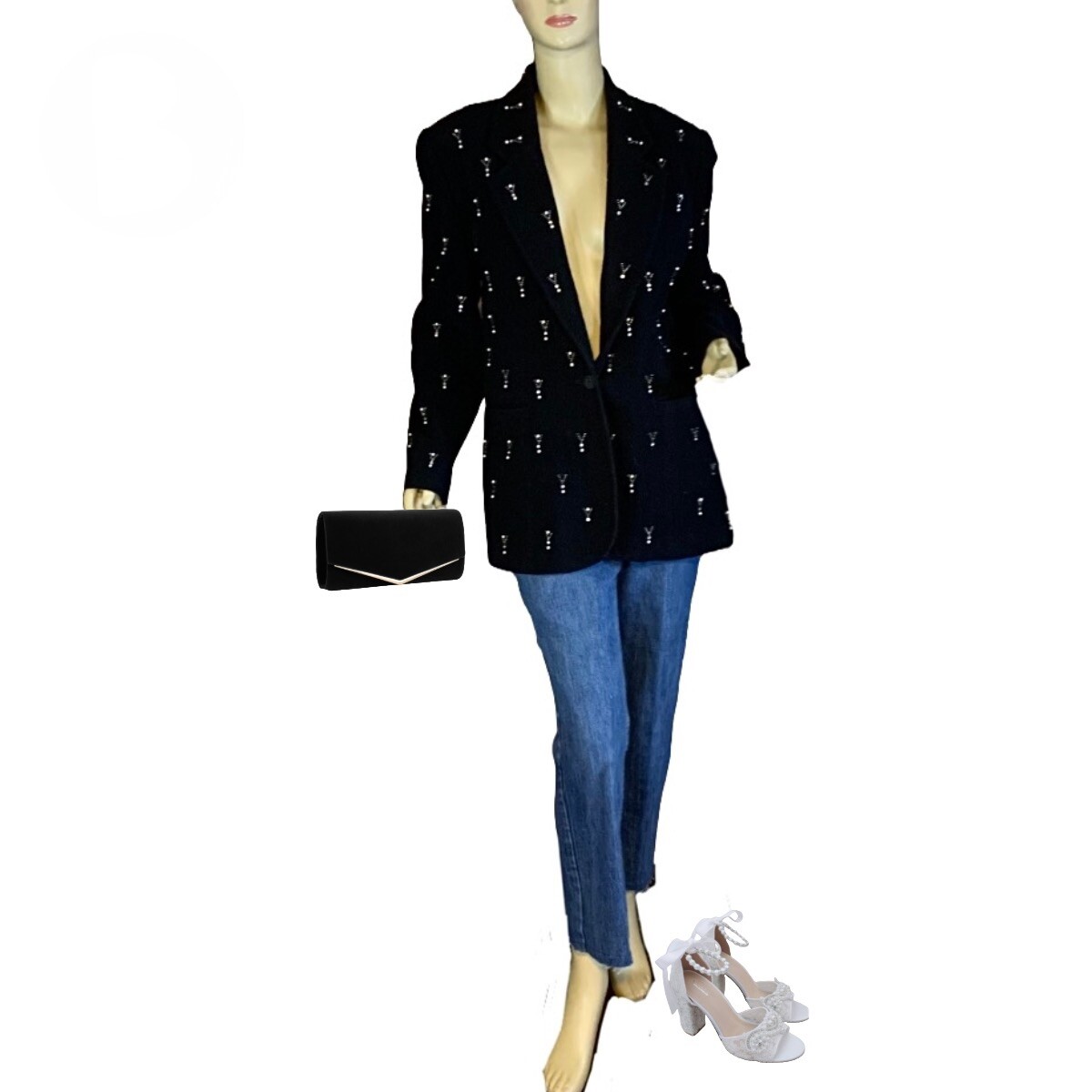VINTAGE 1980&rsquo;S FOCUS 2000 BLACK WOOL & CASHMERE BLEND BEADED BLAZER SIZE 12