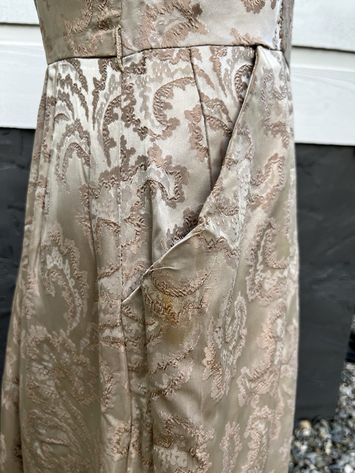 VTG 1950s Brocade Jacquard Rhinestone Cocktail Dress Hollywood Glam 31” Waist