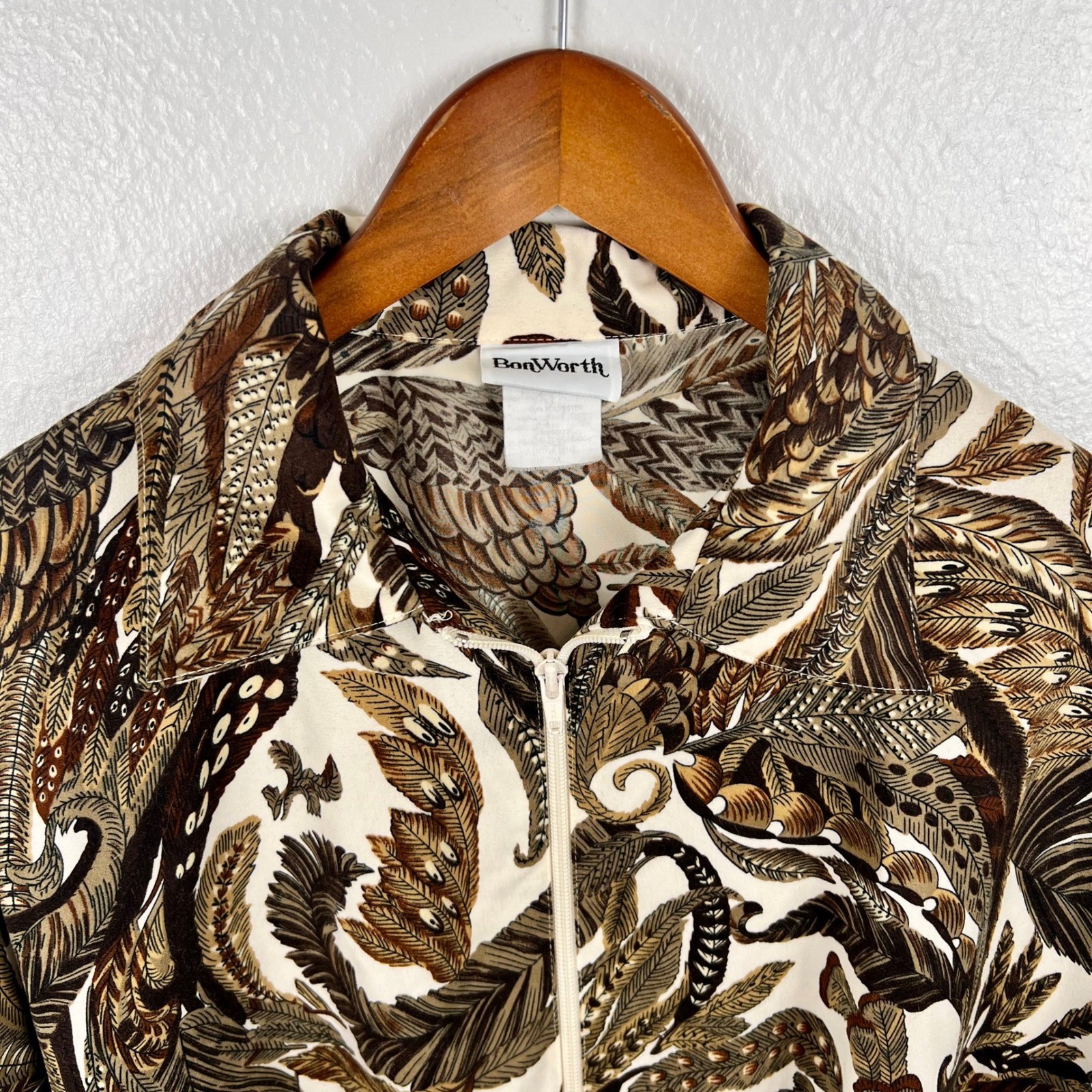 Vintage Feather Pattern Zip Up Jacket Womens Medium Oversized Artsy Indie Nature