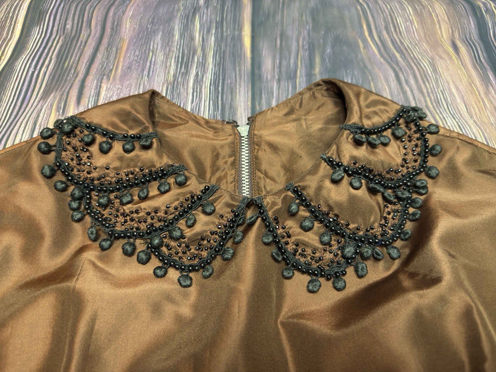 Vintage 50s Copper Victorian Goth Fit & Flare Cocktail Dress Beaded Collar SM/XS
