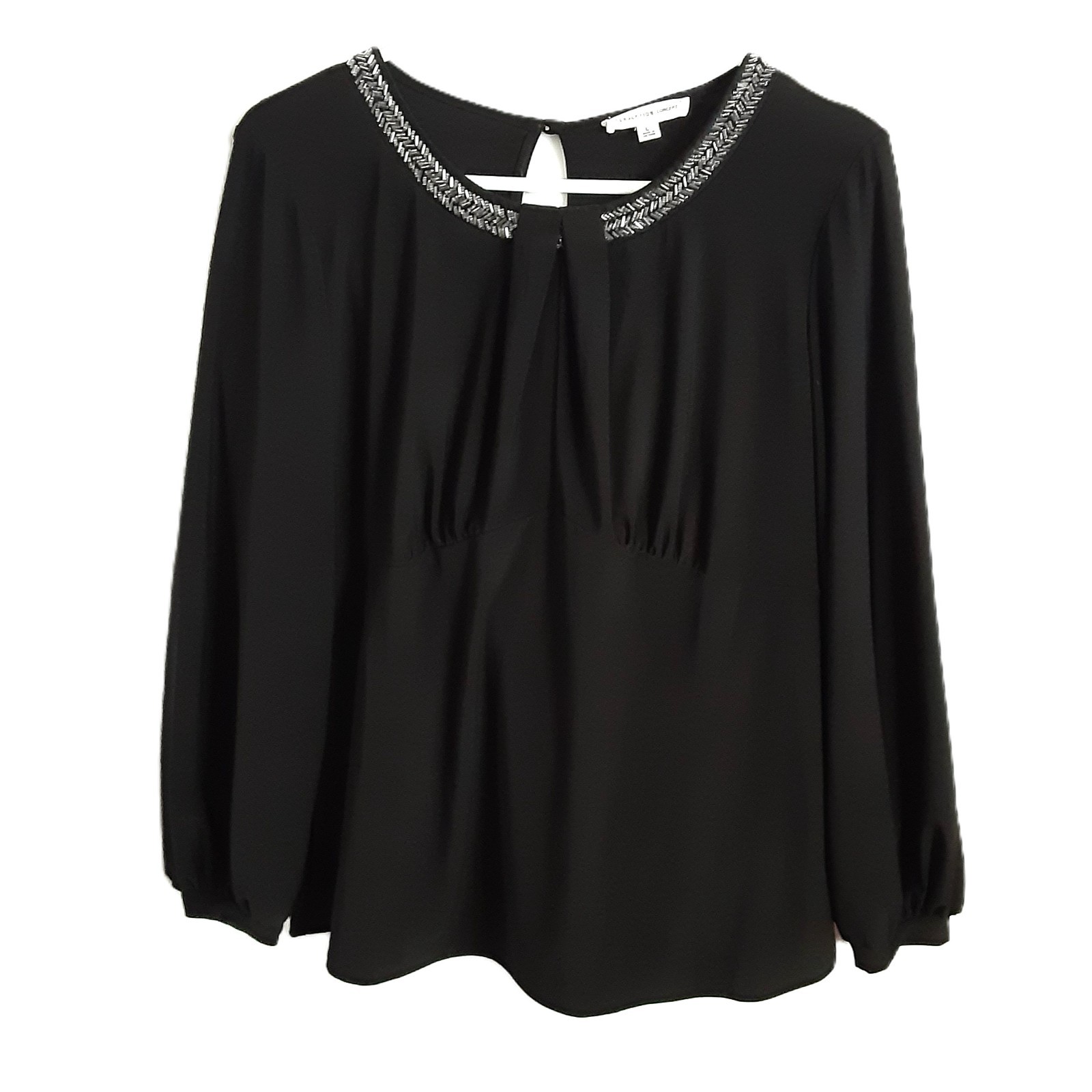 VTG 90&rsquo;s Perception Concept Blouse LARGE Black Silver Beaded Accent Neckline