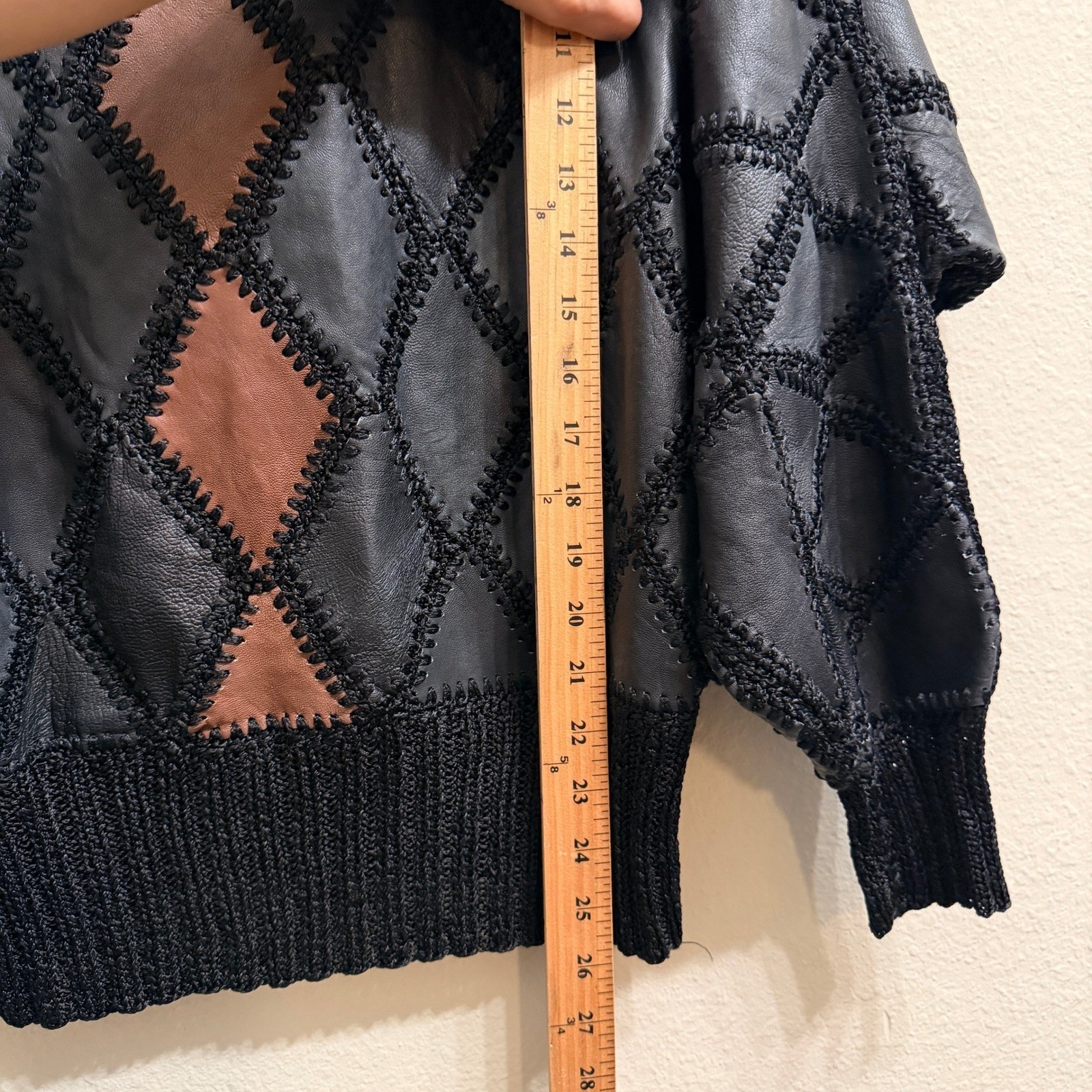 Vintage Leather Patchwork Sweater Diamond Knit Oversized Vintage Eclectic 80s