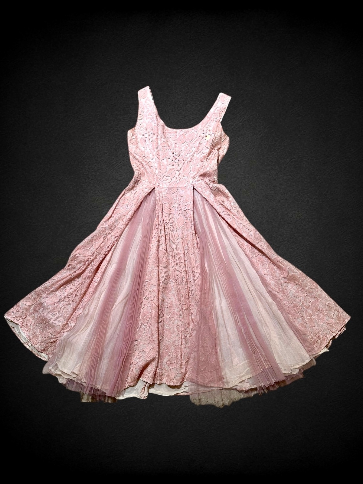 Vintage 1950s Pink Lace Cocktail Dress Pearl Rhinestone Tulle Full Skirt Party X