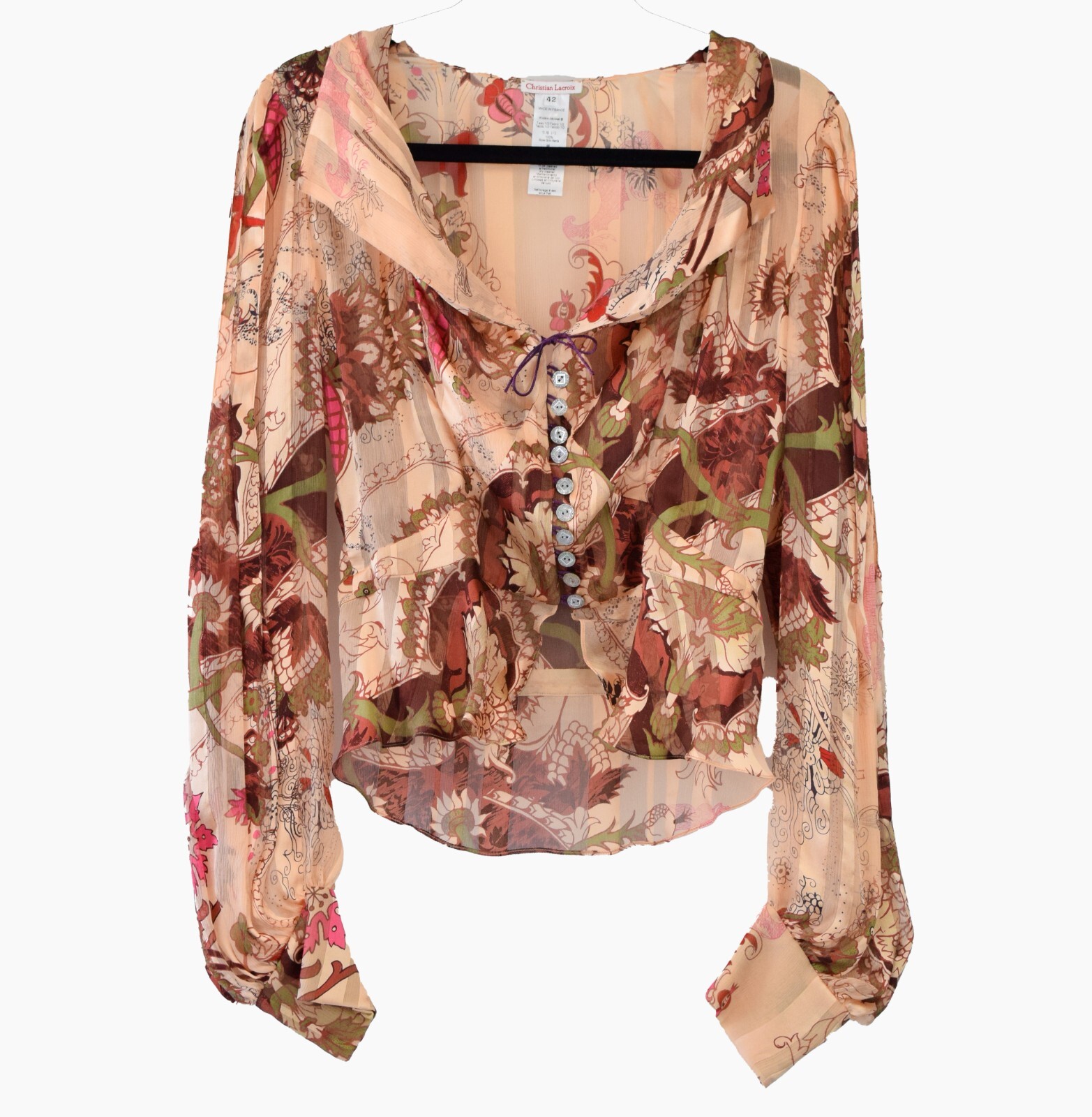 NWT Vintage CHRISTIAN LACROIX Silk Blouse 42 Beige Multicolor Batik Pattern