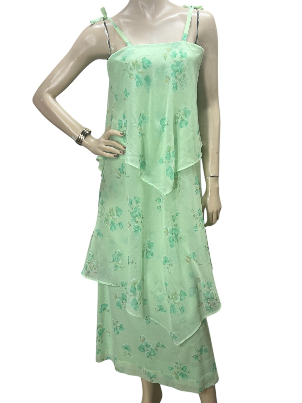 Vtg 70s XXS Tiered MIDI Dress Floaty Sheer Voile Spaghetti Straps Green Floral