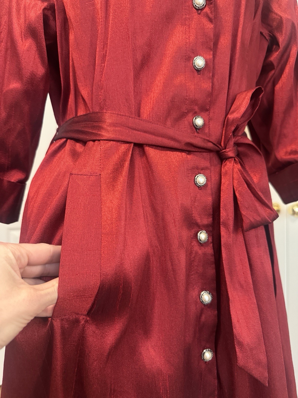 Vintage Wine Buttoned & Belted Portrait-Collar Taffeta Hi Low Dress Sz 2X