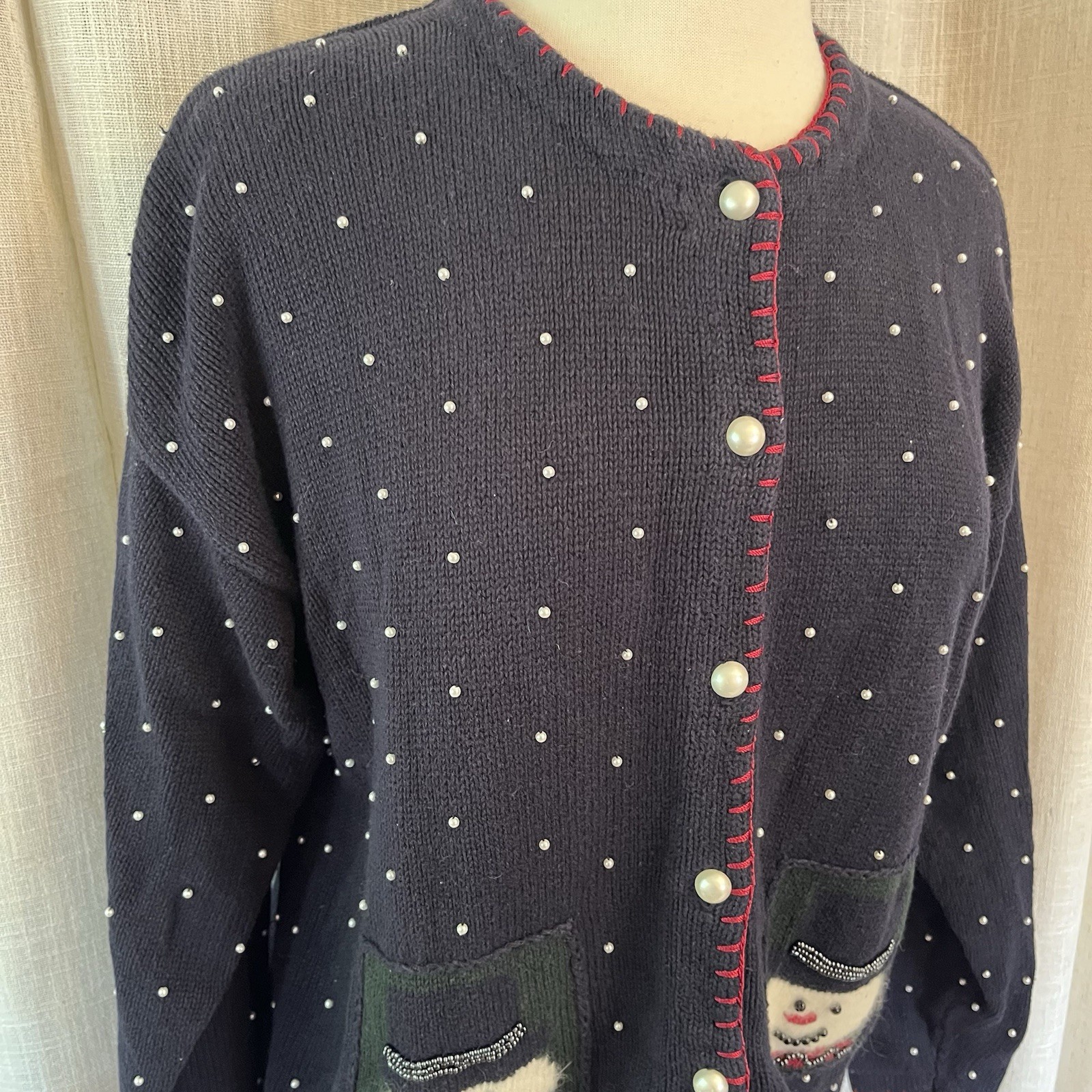 VTG Christopher & Banks Christmas Hand Embroidered Snowman Beaded Cardigan L