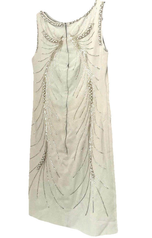 1950s Fully Beaded Shift/Sheath Dress Art Deco Motif Bugle Beads Pearls Lined S