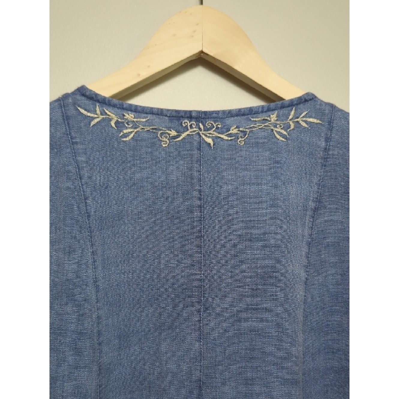 Vtg 90s April Cornell Chambray Blue Button Front Midi Dress Cottage Modest Boho