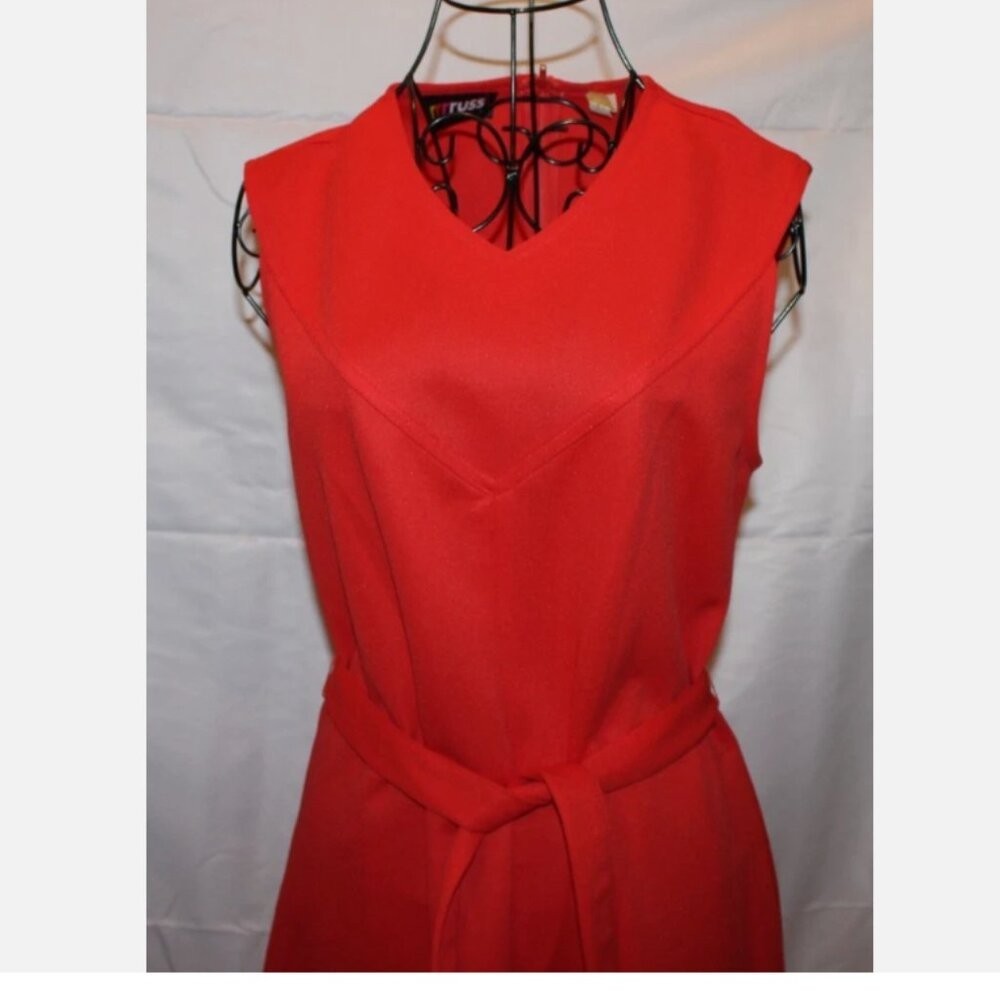 Russ Togs Red Orange Sleeveless Belted Dress M Back Zip Polyester Vintage &rsquo;70&rsquo;s
