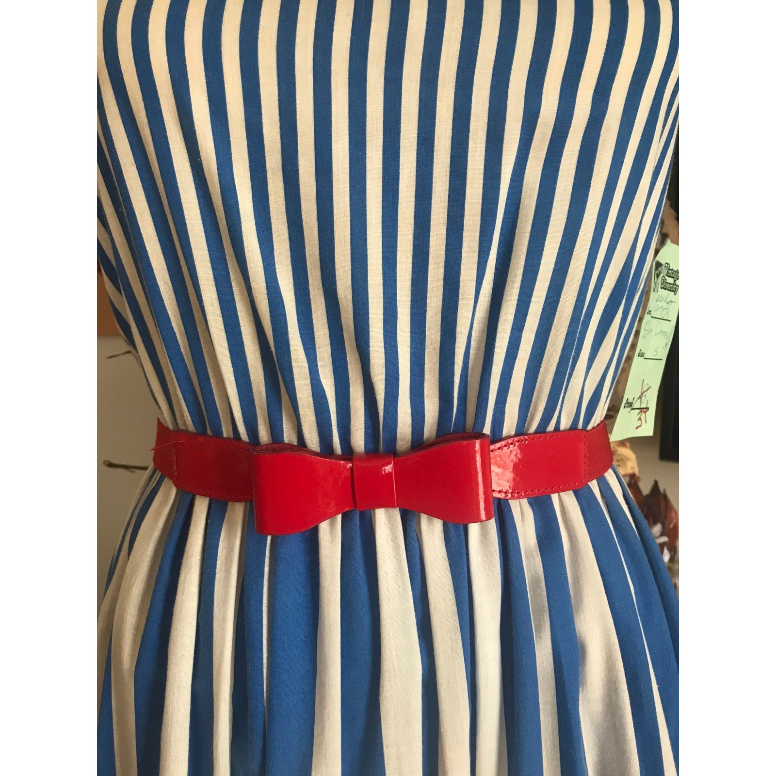 1970s Striped Sun Dress Blue Red Yellow Cotton Spaghetti Strap Flared Midi