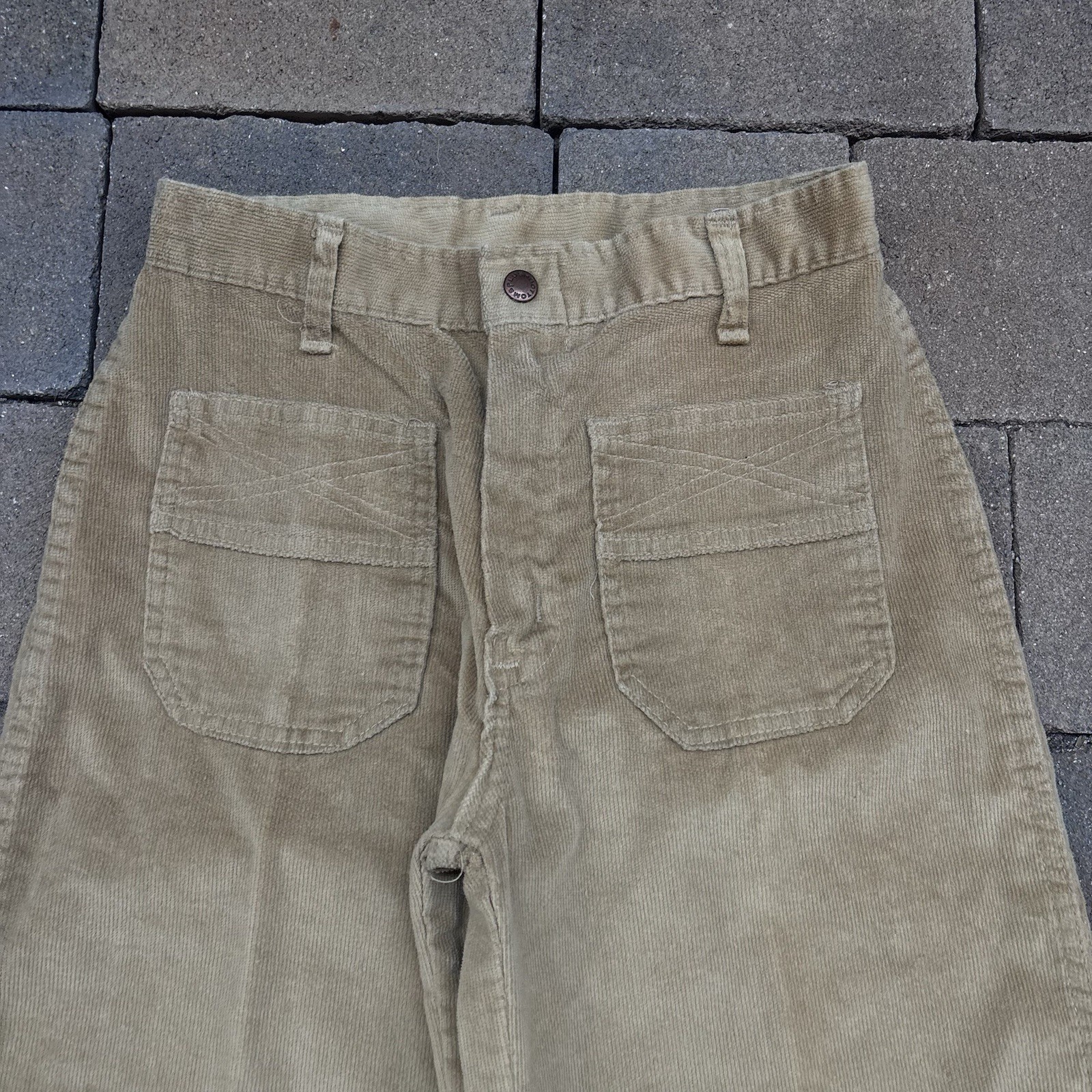 VTG Plush Bottoms Bell Bottom Snap Fly Pants Boho Hippy 27×31 Khaki Twill 70s