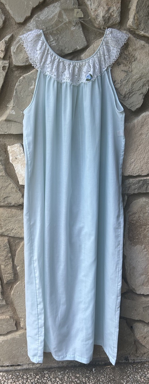 Vintage GILEAD Nightgown Large Blue Lace Trim Pullover Full Length Sleeveless