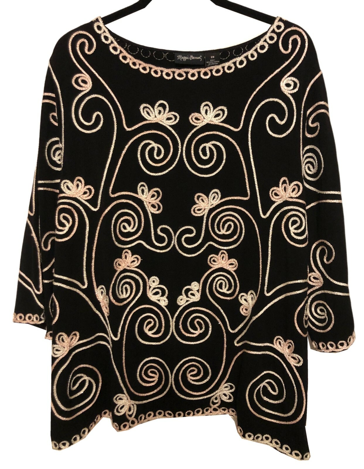 vtg MAGGIE BARNES Soutache Tunic Top 2X Black Stretch Knit Party/Cocktail