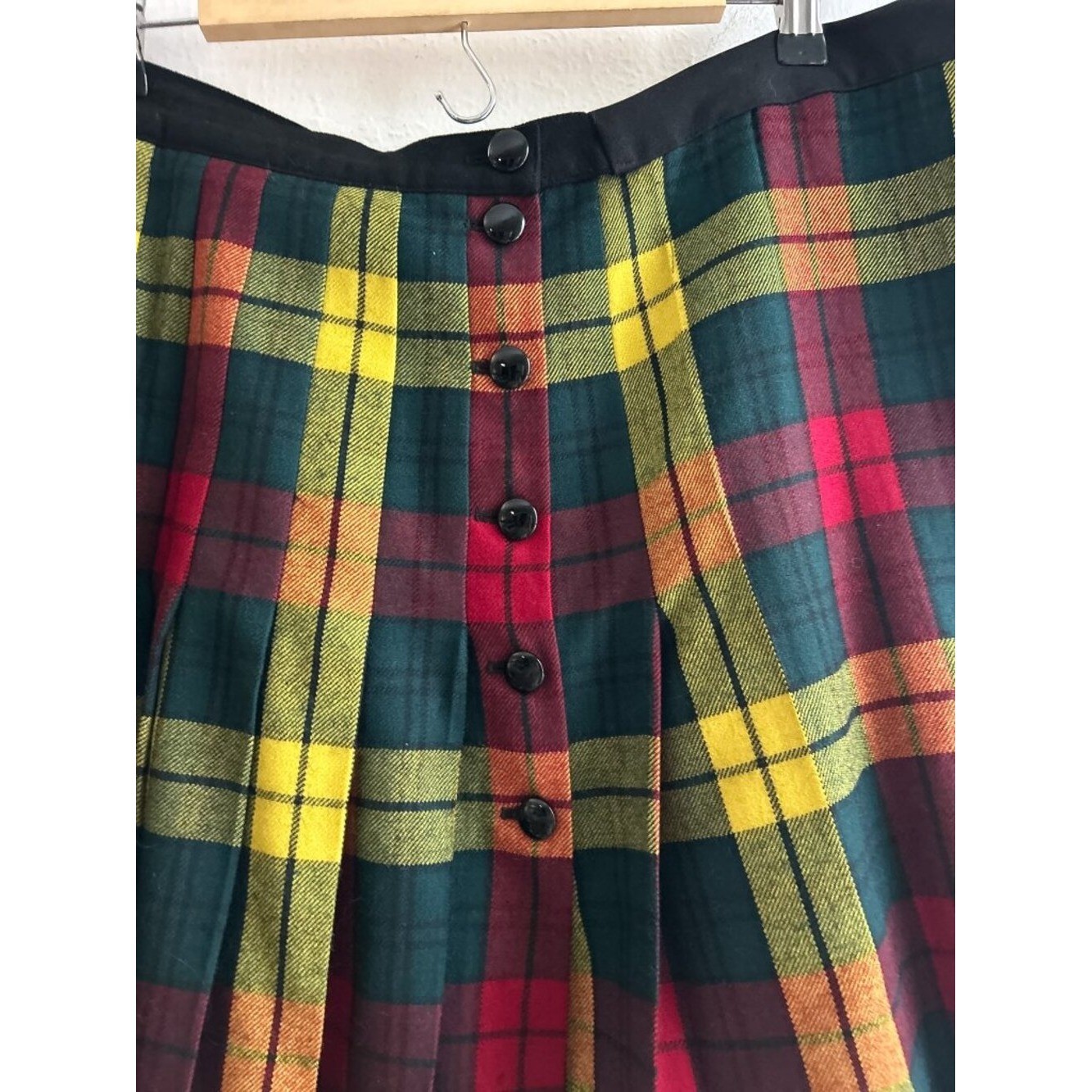 Vintage Escada Tartan Plaid Button Down Wool School Girl Skirt