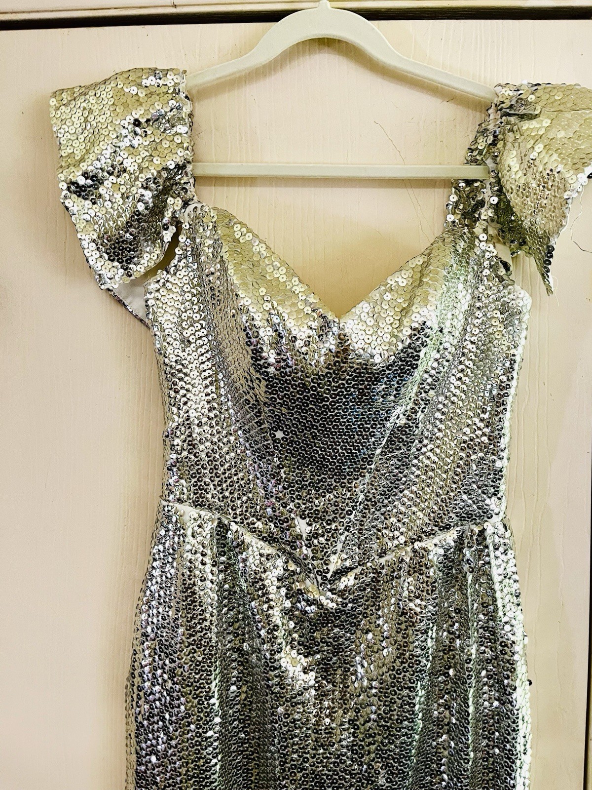 VTG Sequin Wedding Guest Prom Glam 1950s Style Silver Party Gown M