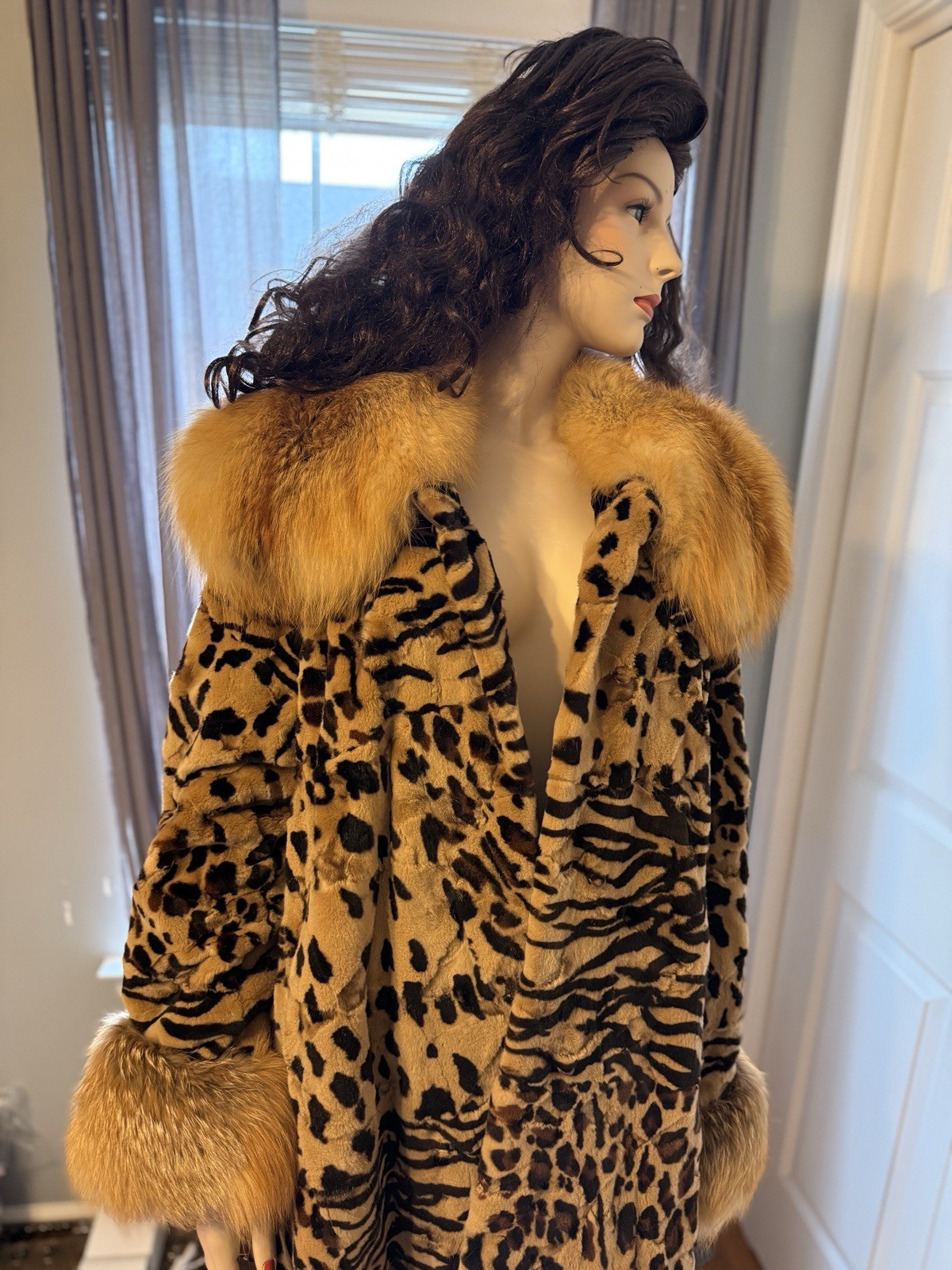 Birger Christensen Leopard Print Sheared Mink Fur Coat w/ Fox Collar & Cuffs M
