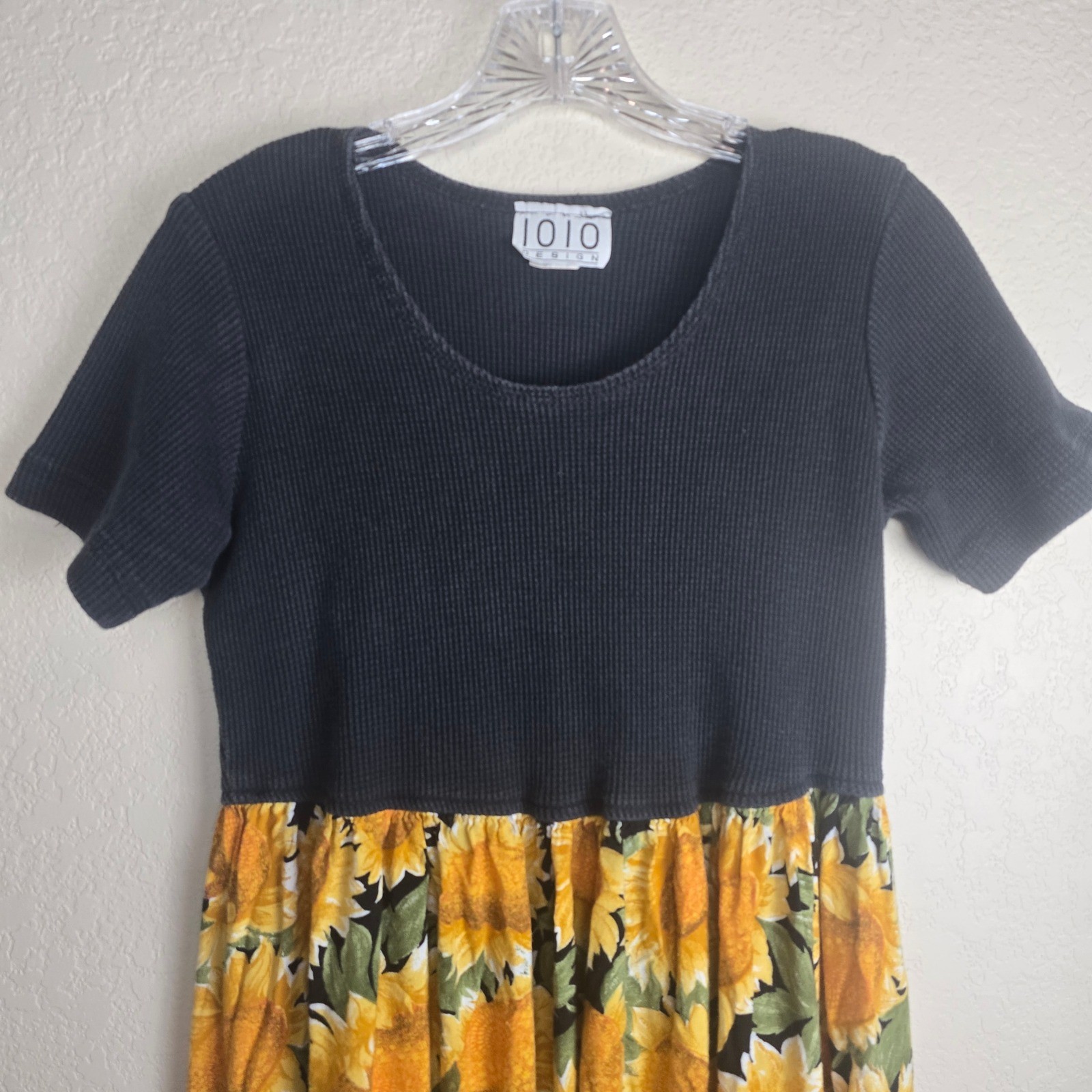 Vintage 90s 1010 Design Sunflower Maxi Dress Ribbed Top Grunge Boho Sz Medium