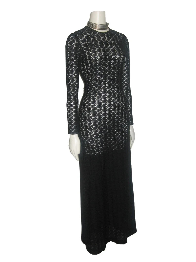 Vintage Black Open Crochet Stretch Knit Lace Sheer Long Fitted Bodycon Dress