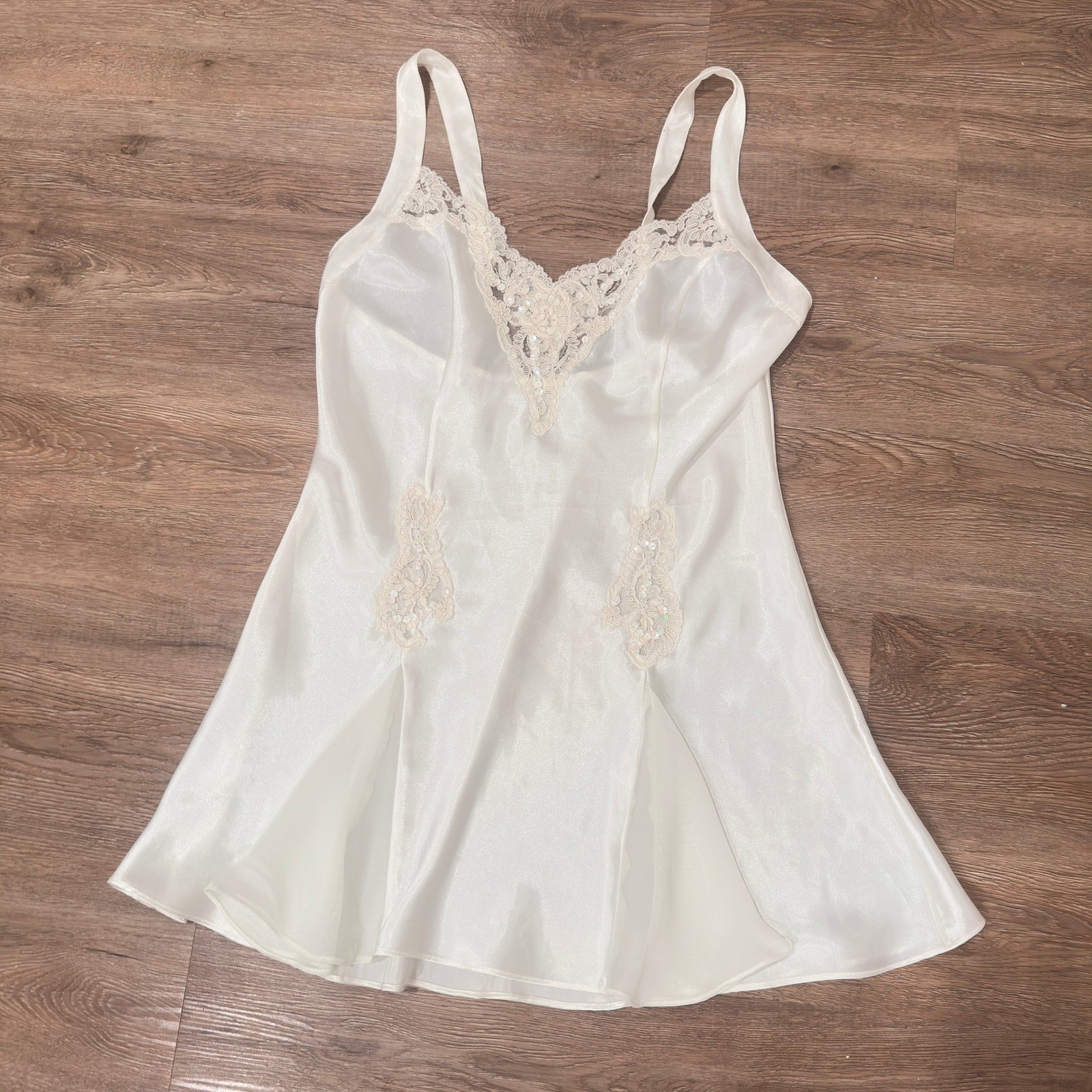 Vintage Victoria&rsquo;s Secret Ivory Satin Lace Sequin Nightgown Ivory Lingerie