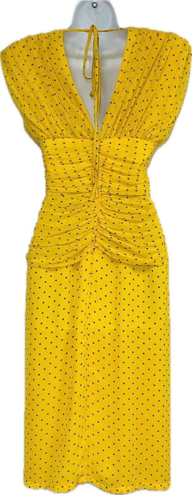 WAYNE CLARK Vtg 80s Yellow Brown Polka Dot Chiffon Draped Dress Floaty Scarf W30