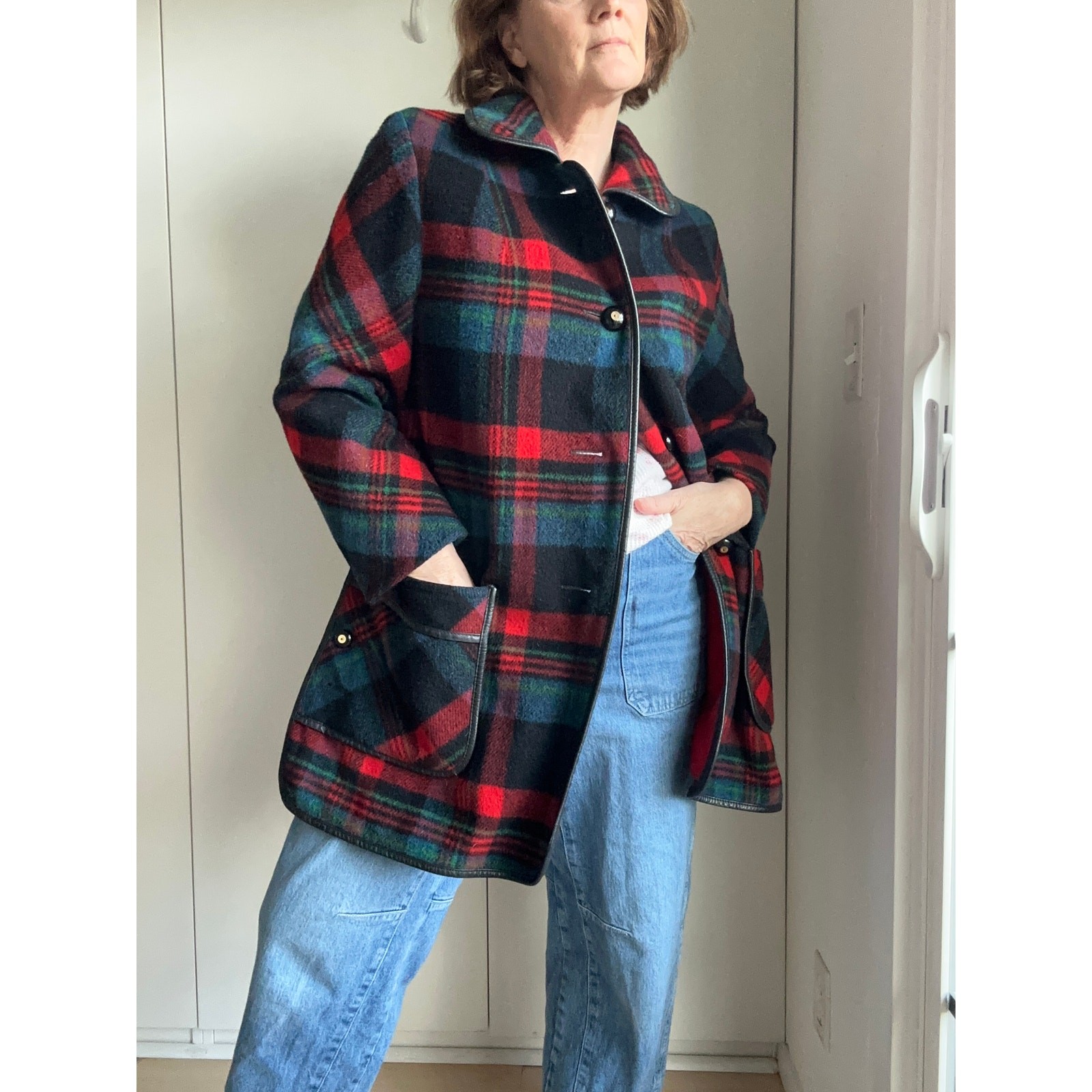 Womens Wool Plaid Coat M Made USA Equestrian Country Side Classic Mod Preppy