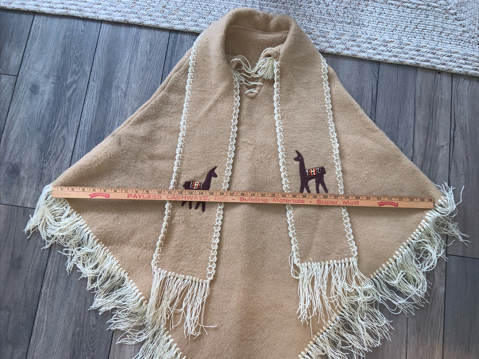VTG Handmade Alpaca Llama Embroidered Fringed Boho Hippy Poncho Shawl Cape
