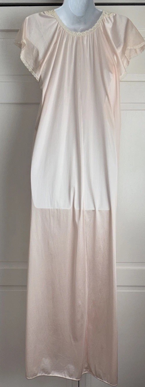 Vintage Miss Elaine Pink Long Nylon & Lace Slip Nightgown w/ Lace Small USA