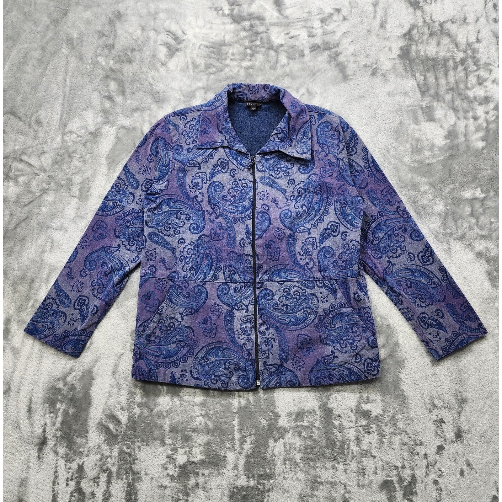 Vintage Staples Jacket Women 10 Blue Purple Paisley Print Full Zip Stretch Denim