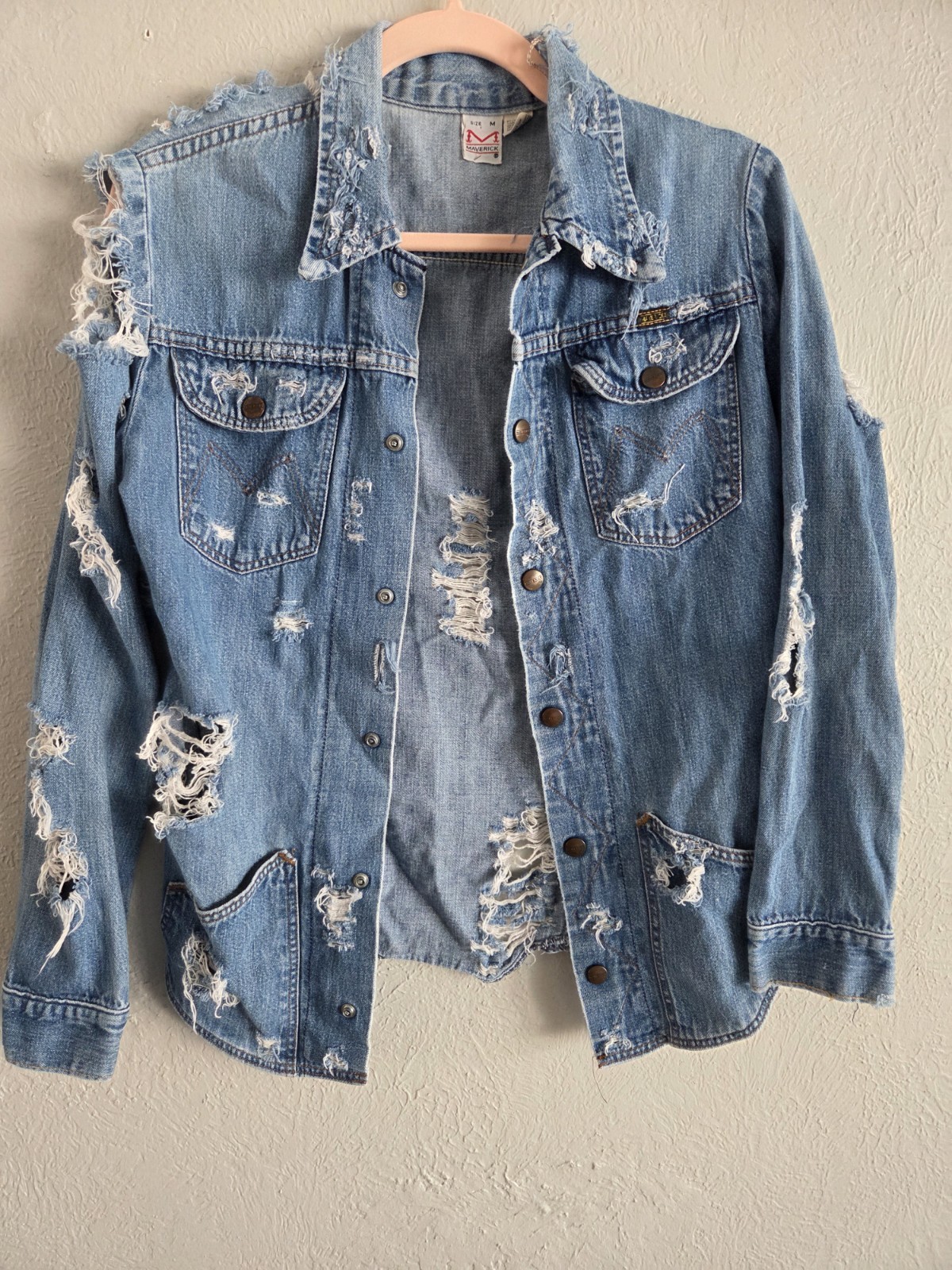 Vintage Maverick White Label Distressed Denim Jacket Medium Y2K