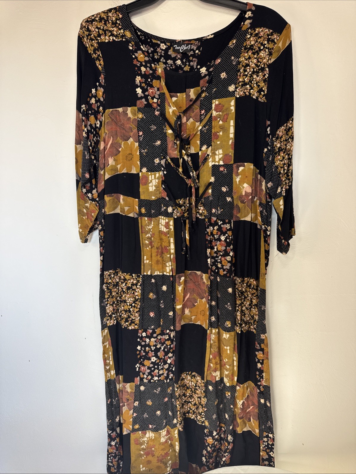 Vintage Patchwork Maxi Dress 80s Boho Hippie Shoulder Pads NO SIZE TAG