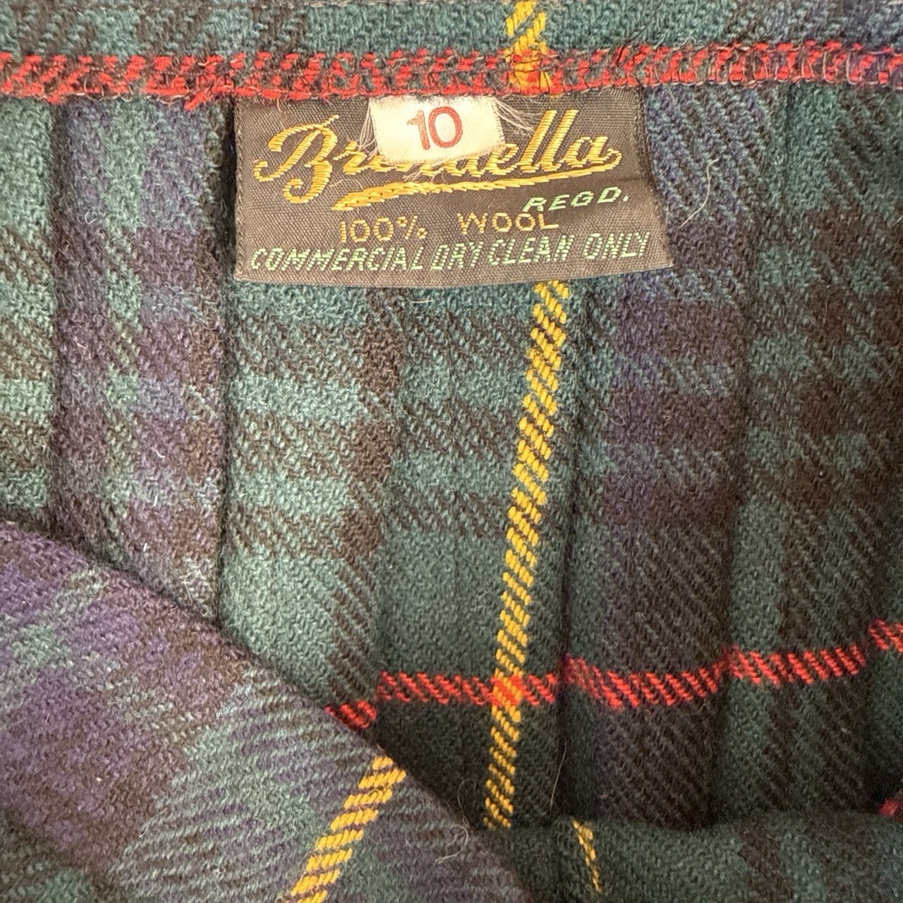 Vintage 100% wool brendella Green, red, and yellow plaid pleated midi skirt