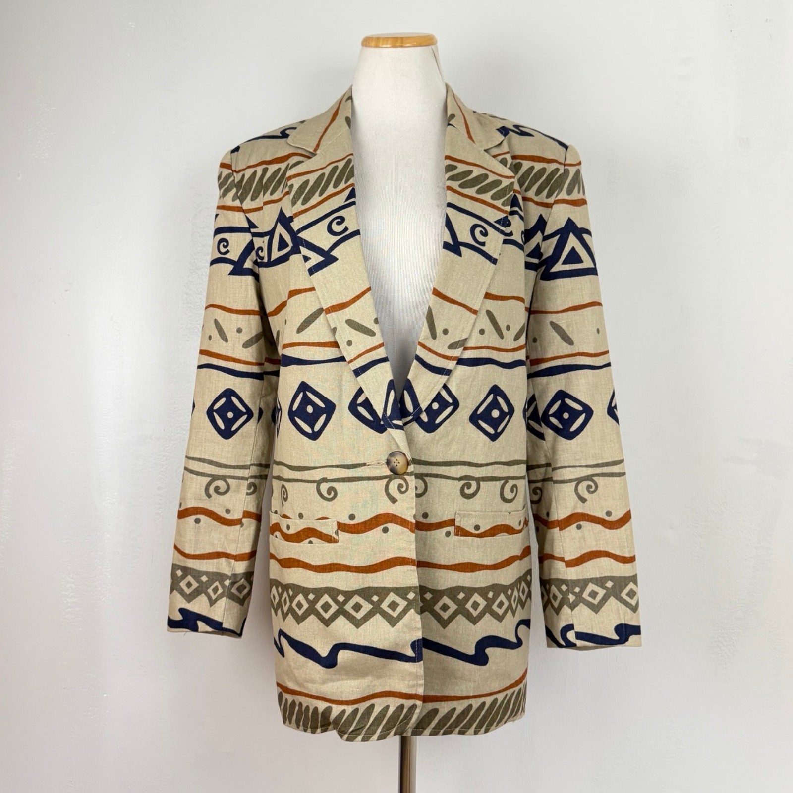 Vintage Linen/Cotton Blazer Size Medium Geometric Art Print Sport Coat Jacket