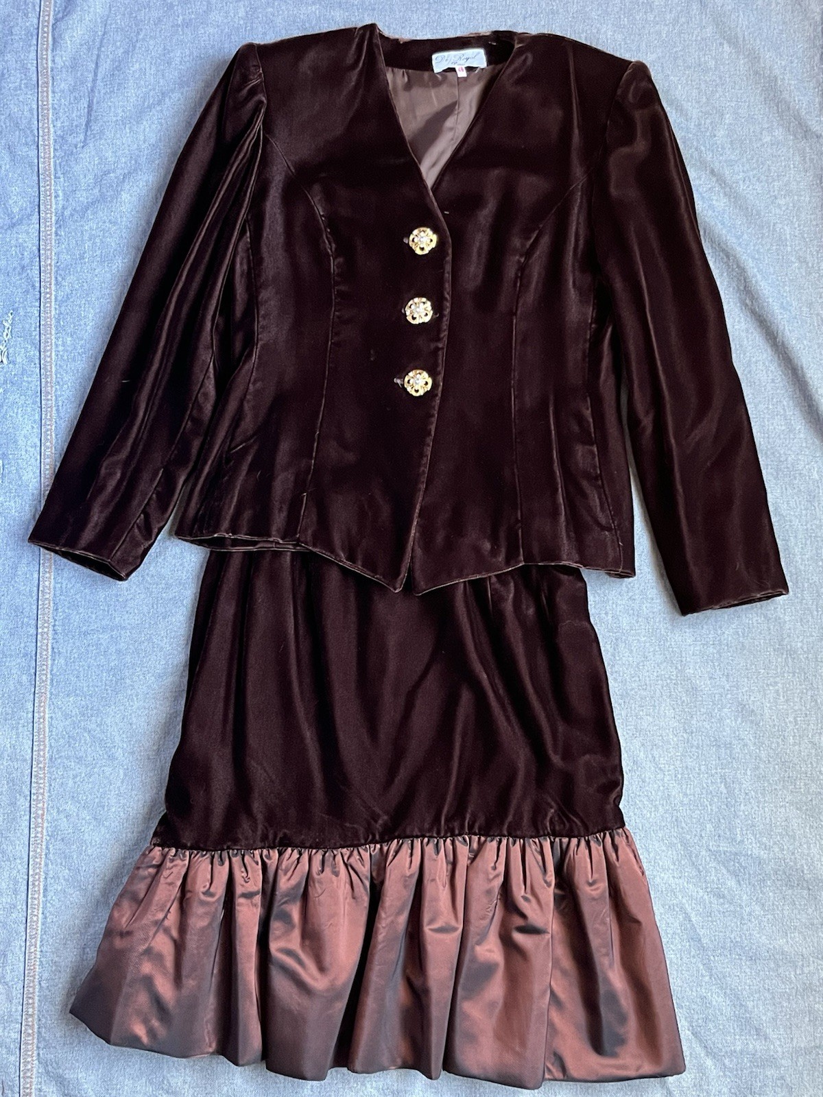 Vintage Burgundy/Brown Velvet 2 Piece Skirt Suit by De Royal Paris
