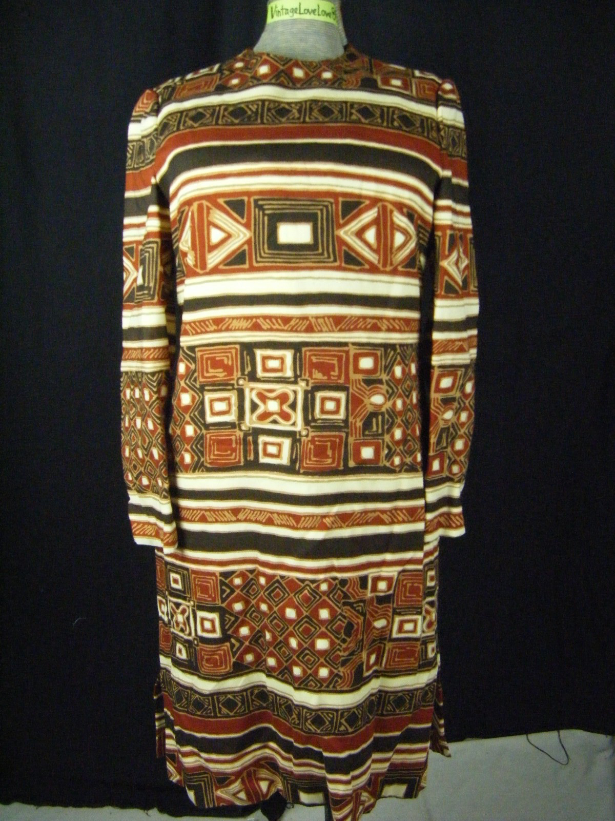 ADELE SIMPSON Vtg 60s Designer Brown Mod Printed Sheath Dress- Bust 36/XS