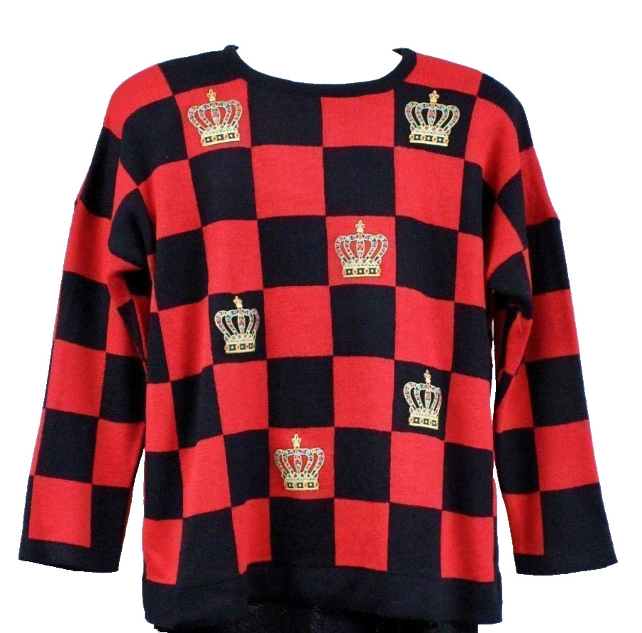 VTG 80s Ami Knits Black Red Checkerboard Crown Sweater NWOT M L Bold Shoulders