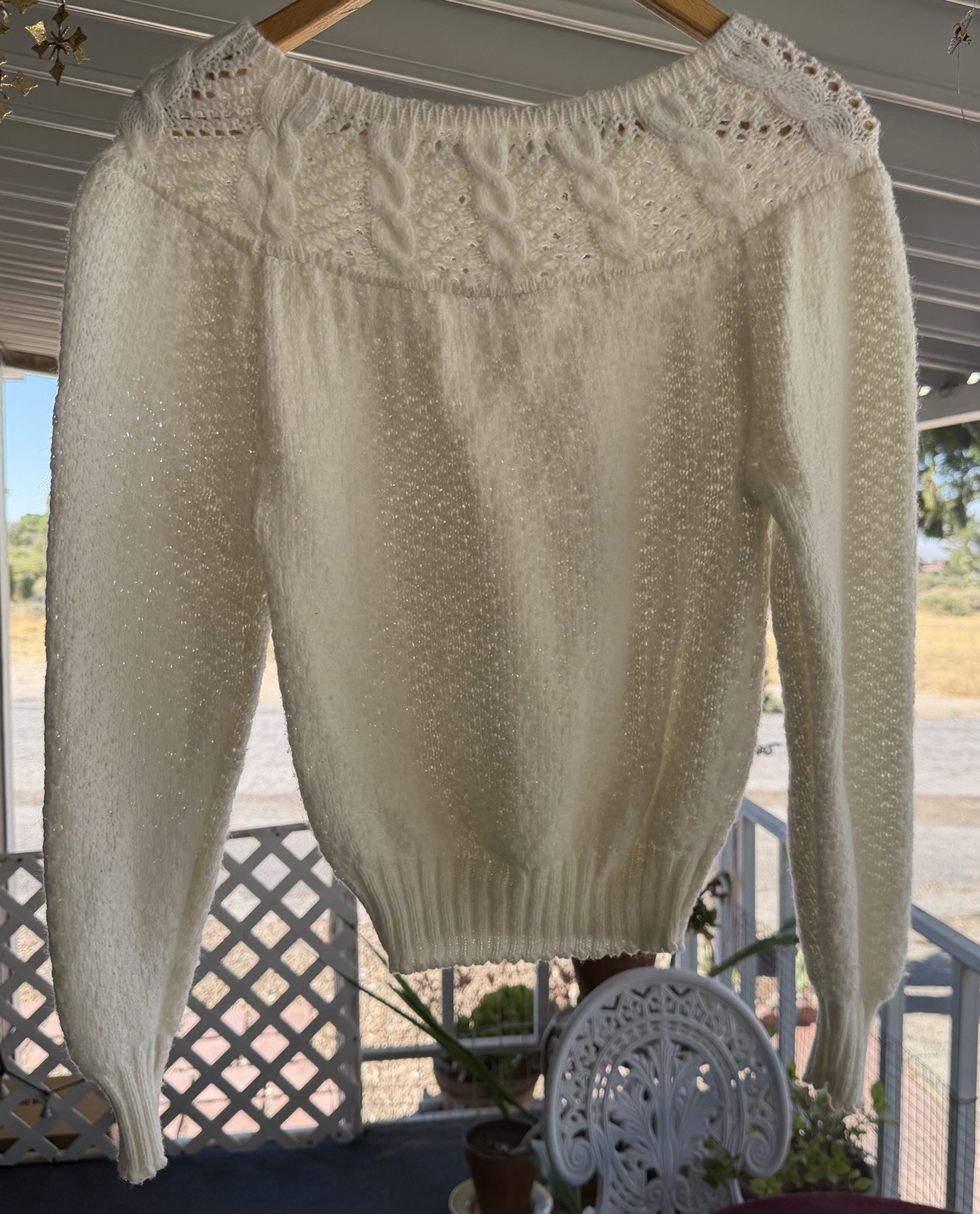 Vintage Cream Knit Open Stitch Yoke Sweater – Soft Cozy Cottagecore Knitwear