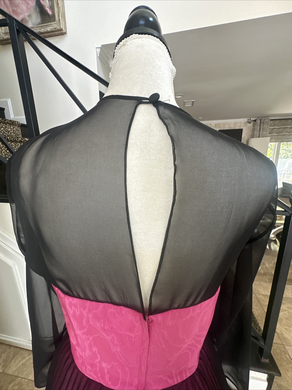 Guy Laroche 80s Pink Moire & Black Chiffon Corseted Tiered Pleated Dress 40