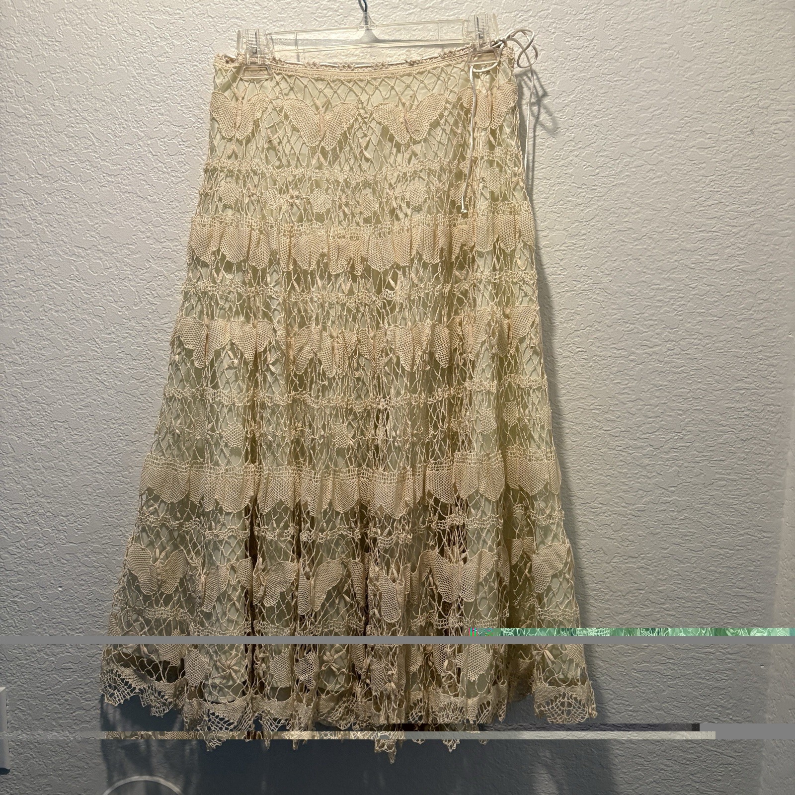Vintage Handmade Crochet Midi Skirt Cream Size Small Boho Coquette Butterflies