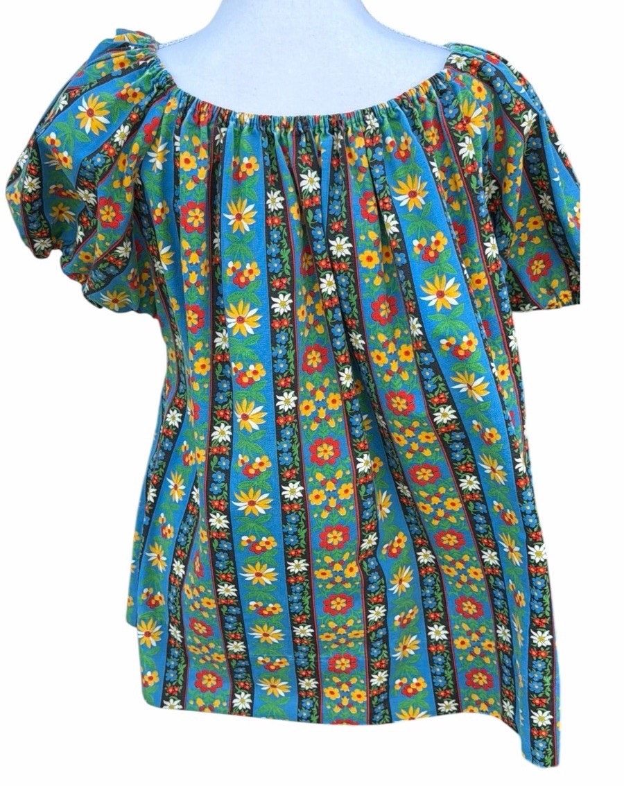 Vintage 70s Handmade Psychedelic Floral Tunic Top 2X Cotton Off Shoulder