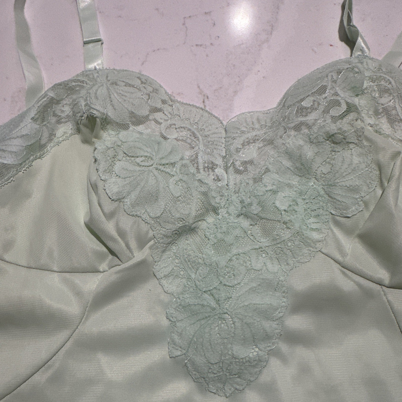 Vintage 70s Sears slip polyester negligee SZ 32 S Lt green Lace Adj Straps