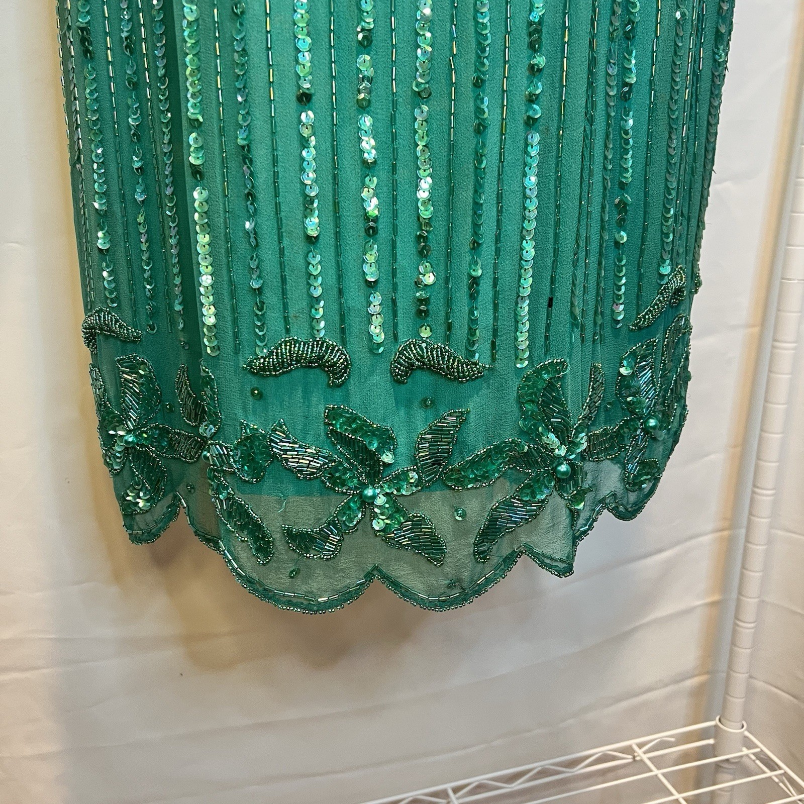 Vintge NADINE Boutique Medium Silk Hand Beaded Embellished Cocktail Dress Green