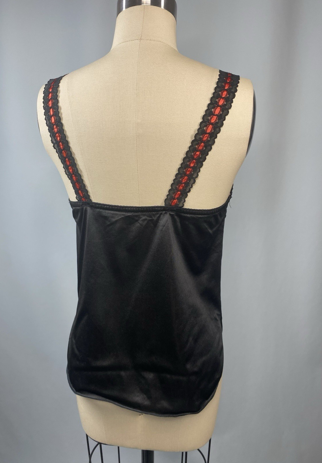 Vintage Camisole Top SIZE SMALL black red bow 70s 80s sexy cami nylon