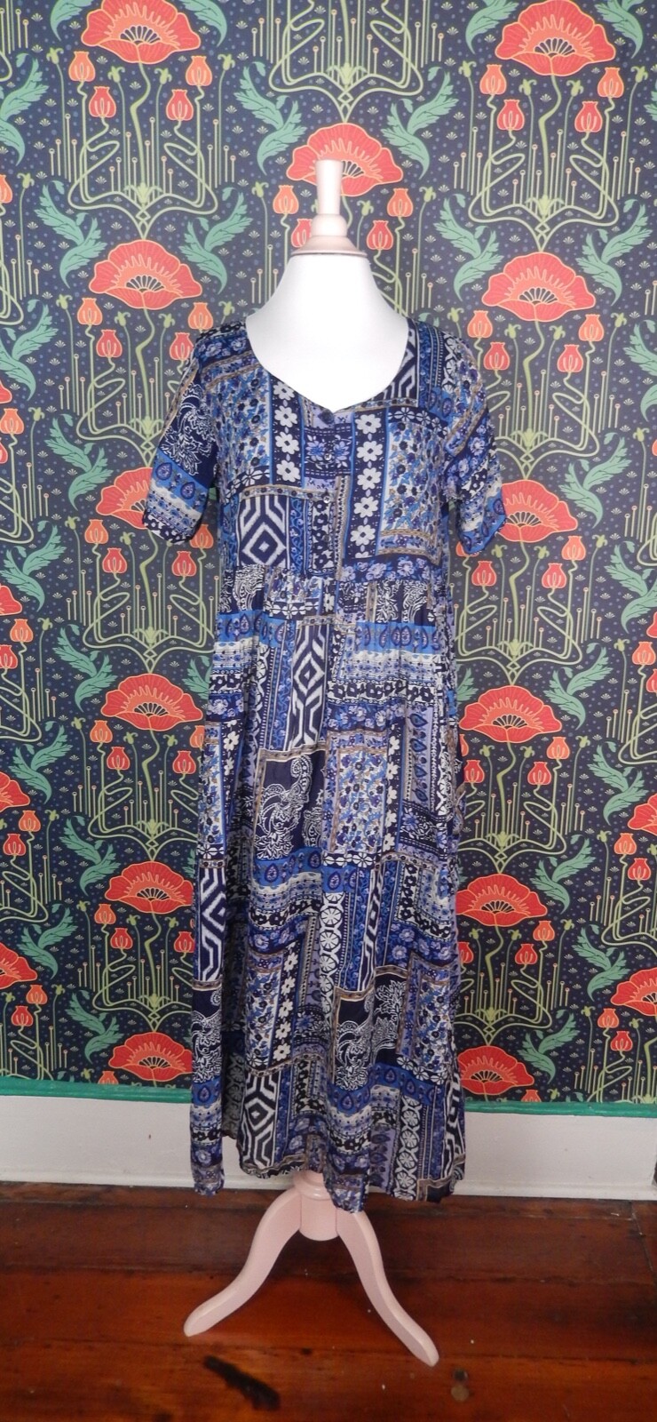 Vintage 90&rsquo;s Boho Empire Waist India Cotton Gauze Floral Patchwork Midi Dress M